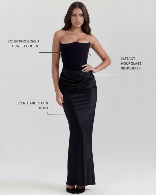 Delphine - Black Corset Draped Maxi Gown - view 2