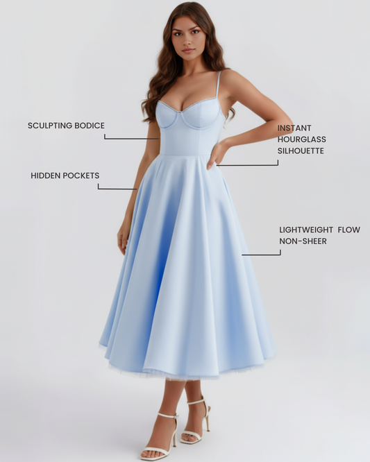 Élodie - Baby Blue Corset Satin Midi Dress - view 2
