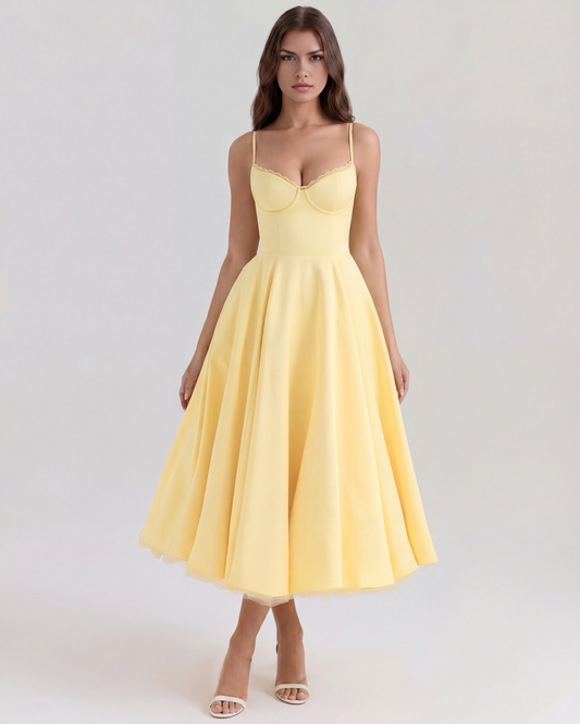 Élodie - Butter Yellow Corset Satin Midi Dress