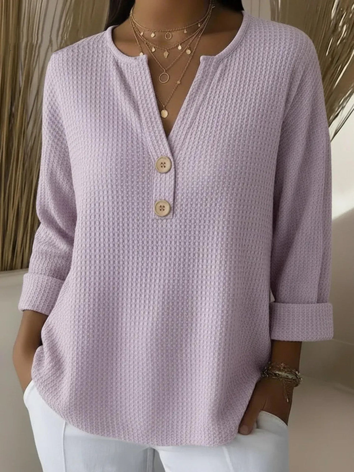 Reese - Waffle Henley Button Top