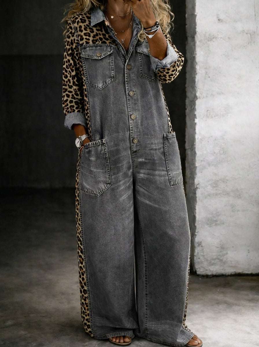 Scarlett - Leopard Trim Denim Jumpsuit