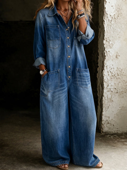 Meadow - Relaxed Long-Sleeve Denim Jumpsuit