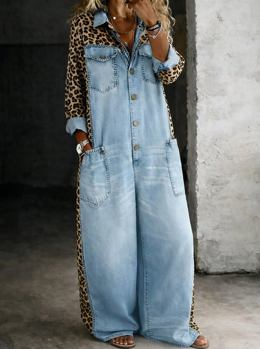 Scarlett - Leopard Trim Denim Jumpsuit