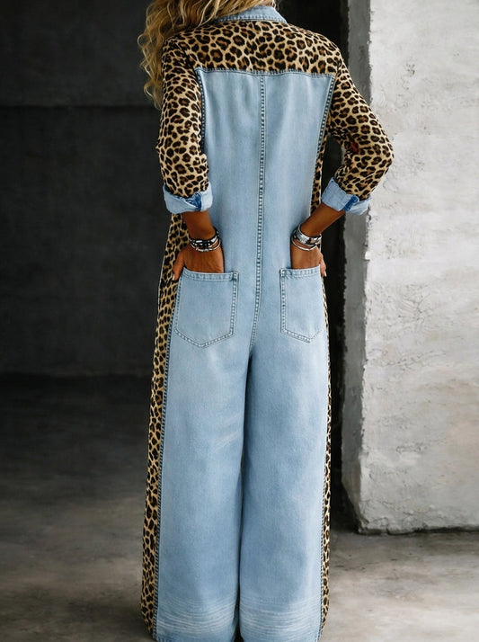 Scarlett - Leopard Trim Denim Jumpsuit