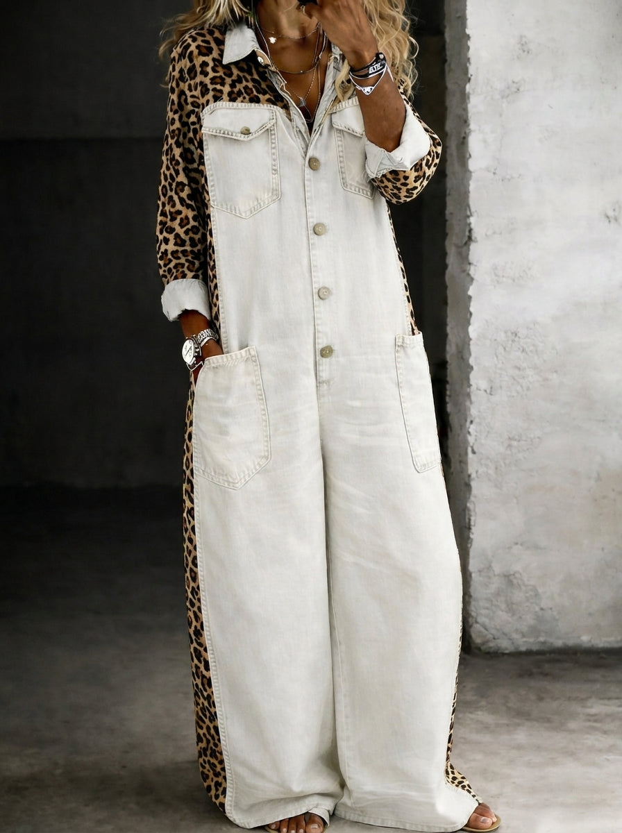 Scarlett - Leopard Trim Denim Jumpsuit