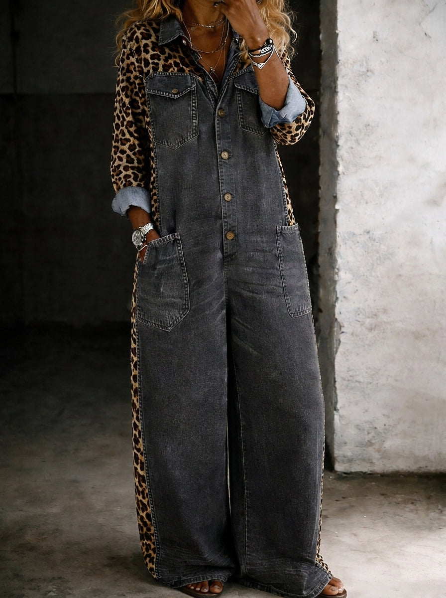 Scarlett - Leopard Trim Denim Jumpsuit