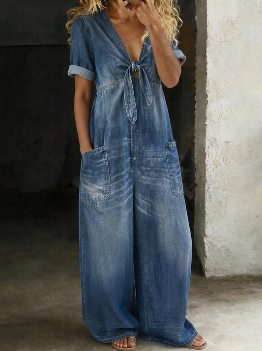 Willow - Short-Sleeve V-Neck Denim Jumpsuit