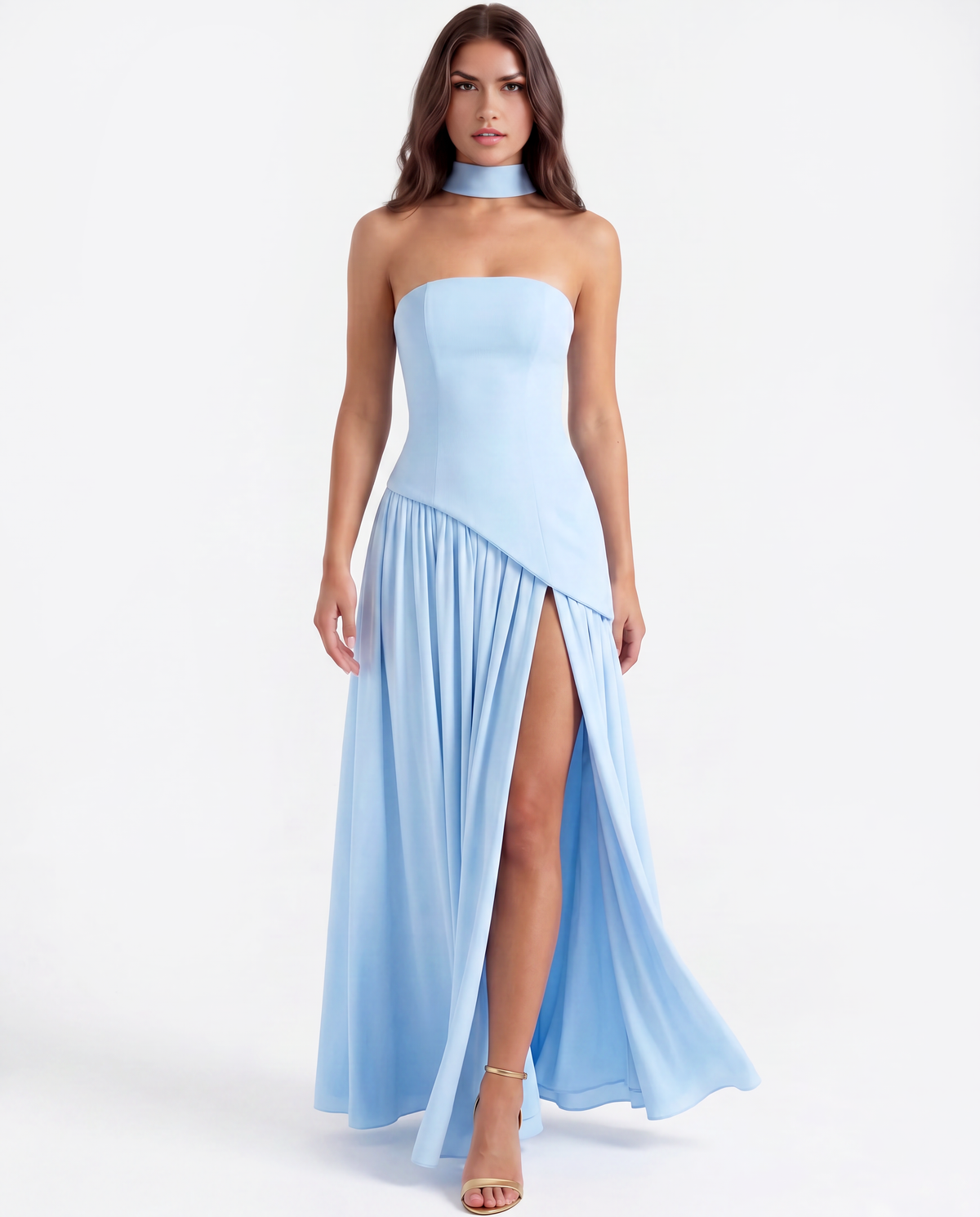 Noémie - Baby Blue Strapless Crepe Maxi Gown - view 3