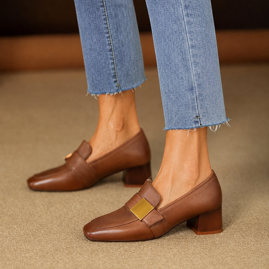 Anne - Square Toe Leather Heels - view 2