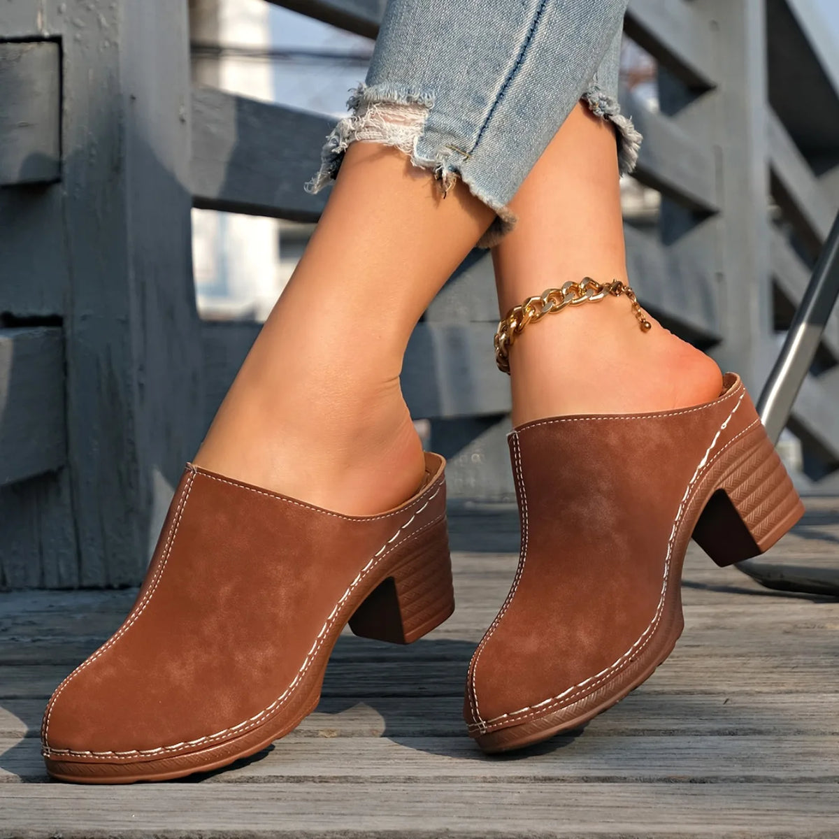 Dominique - Chunky Heel Clog Mules