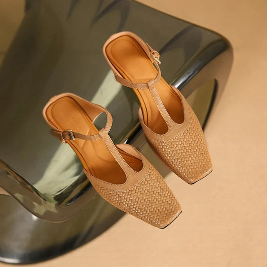 Aspen - Woven Leather T-Strap Mules