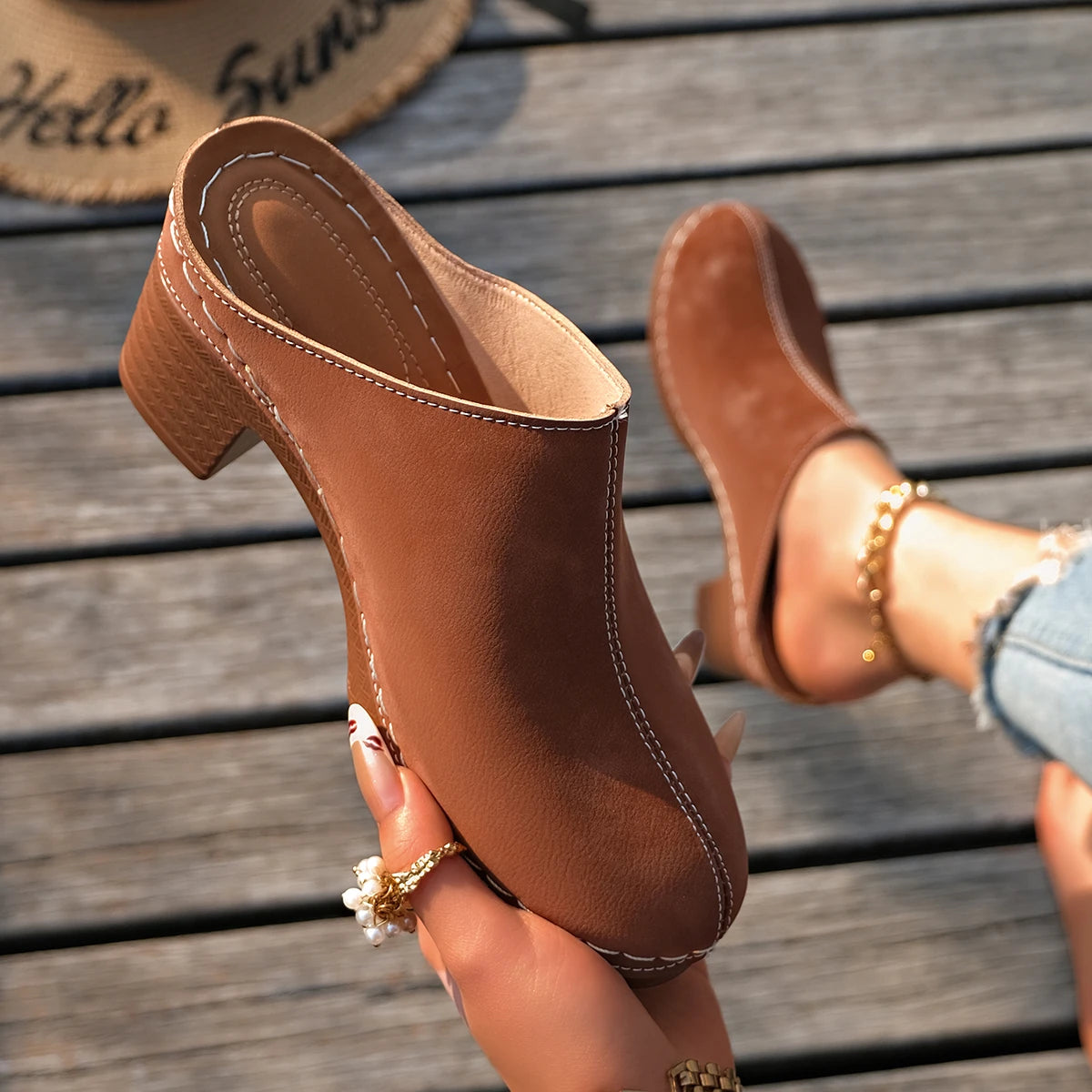 Dominique - Chunky Heel Clog Mules