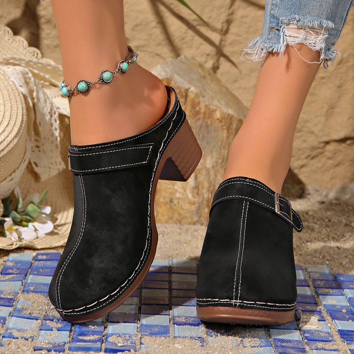 Beatrix - Buckle Block Heel Clogs