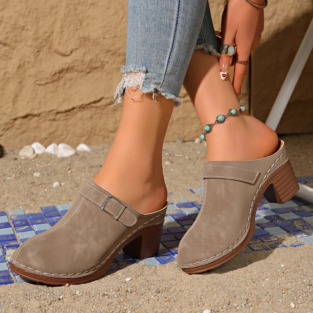 Beatrix - Buckle Block Heel Clogs
