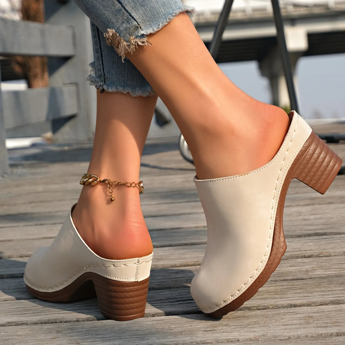 Dominique - Chunky Heel Clog Mules