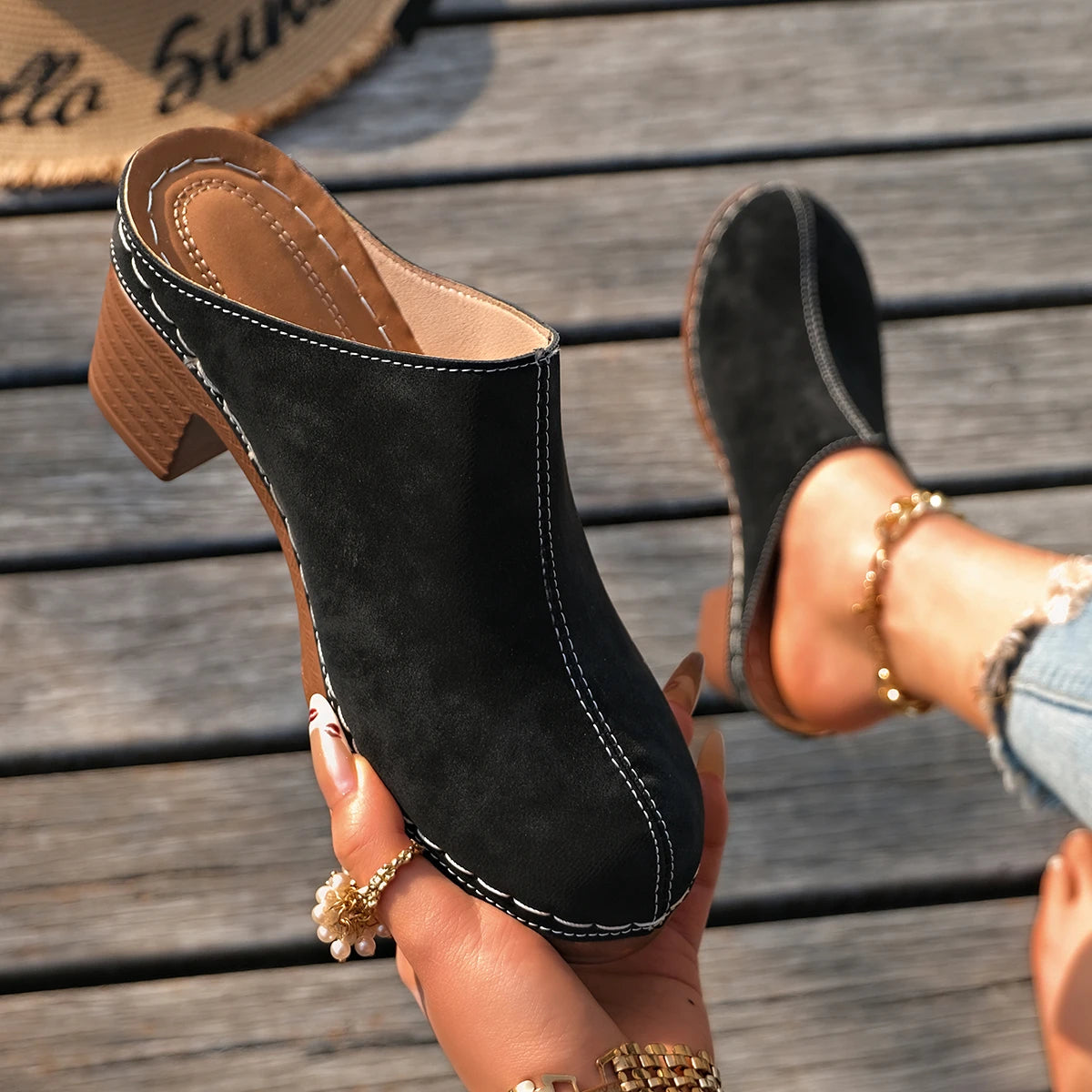 Dominique - Chunky Heel Clog Mules