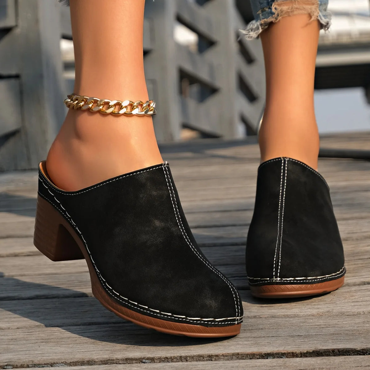 Dominique - Chunky Heel Clog Mules