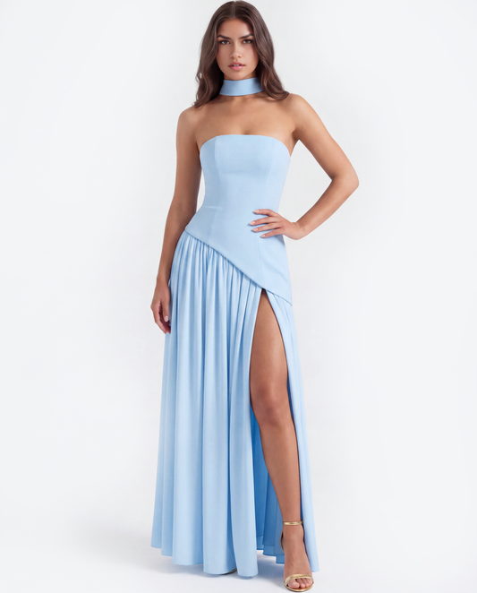 Noémie - Baby Blue Strapless Crepe Maxi Gown - view 2