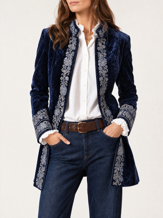 Vintage Navy Polyester Velvet Embroidered Long Jacket