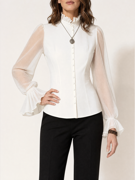 Retro Romantic White Sheer Sleeve Corset Blouse Ruffled Collar