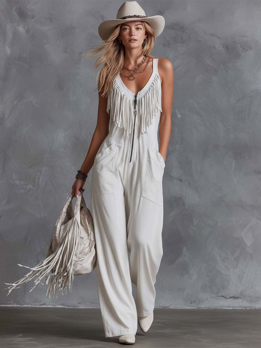 Casual Retro Western V-Neck And Fringe White Faux Suede Jumpsuit - view 2