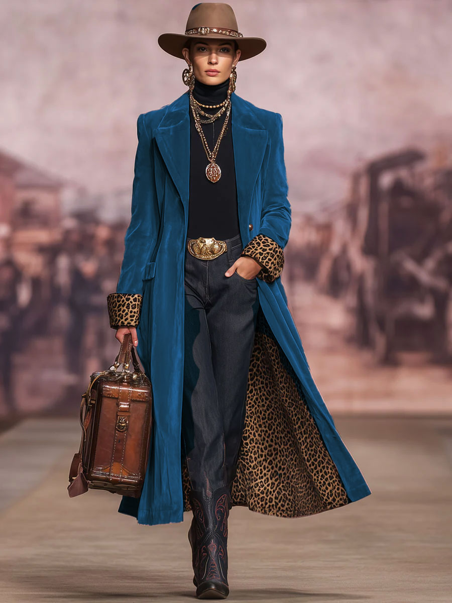 Lapel Single-breasted Velvet And Leopard Print Coat - view 9