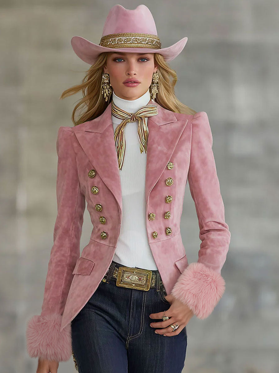 Lapel Multi-button Faux Suede And Fur Blazer - view 5