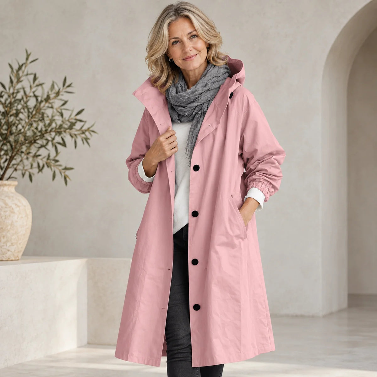Emmeline - Hooded Longline Trench Coat - Light Pink