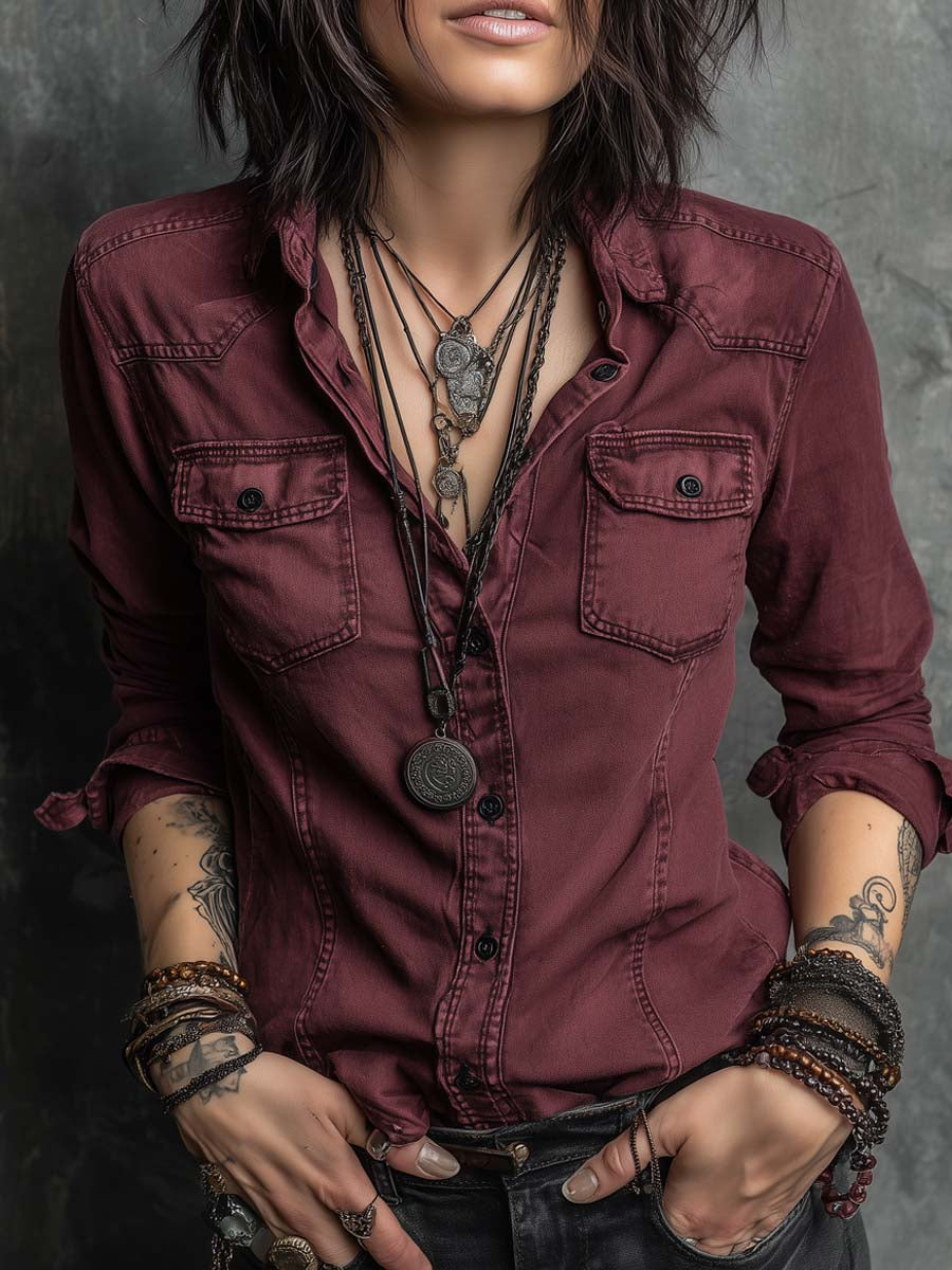 Retro Flap Chest Pocket Long-Sleeved Denim Blouse