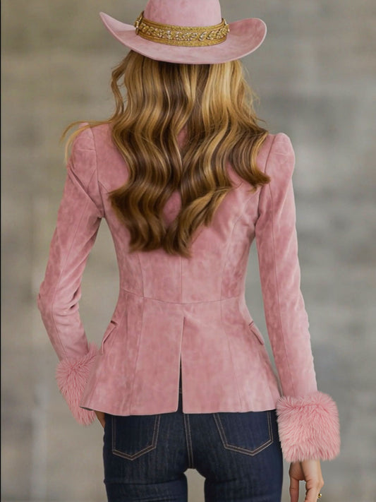 Lapel Multi-button Faux Suede And Fur Blazer - view 2