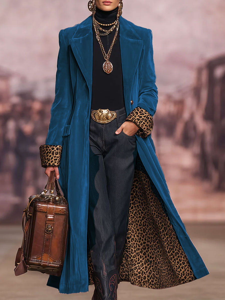 Lapel Single-breasted Velvet And Leopard Print Coat - view 4