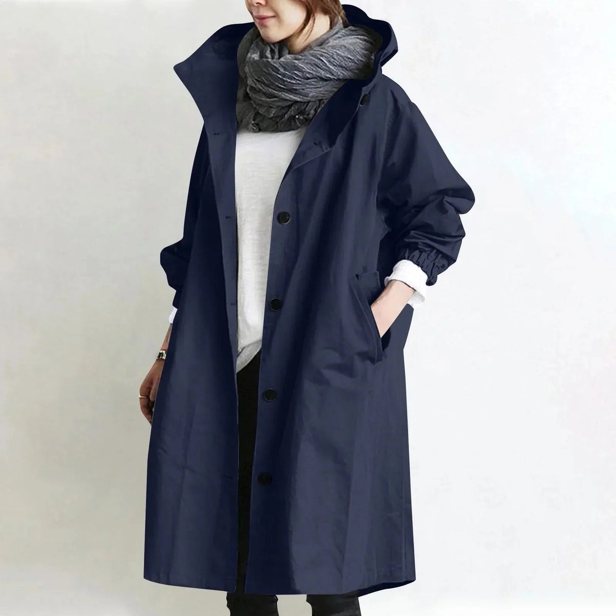 Emmeline - Hooded Longline Trench Coat - Navy Blue