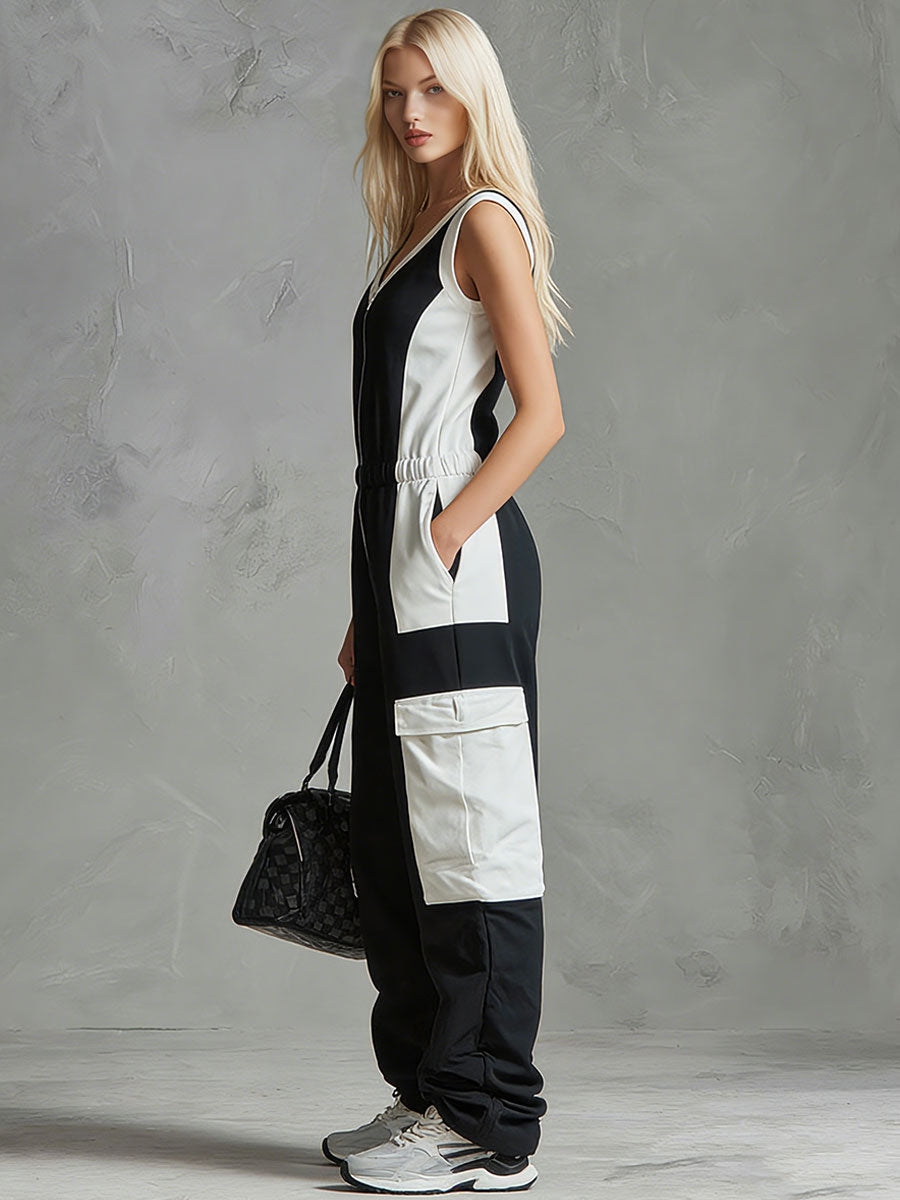 Black and White Color-Blocked Half-Zip Jumpsuit - view 2