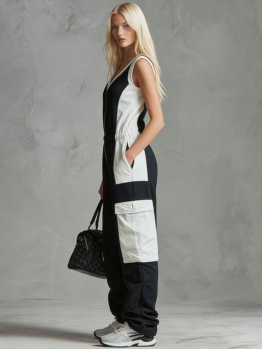 Black and White Color-Blocked Half-Zip Jumpsuit - view 2