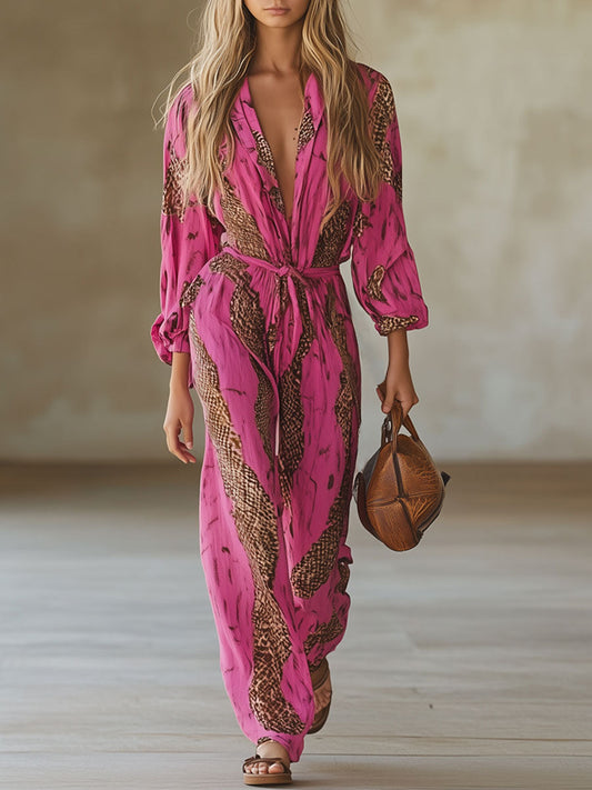 Rose Red Leopard Print Chiffon Jumpsuit