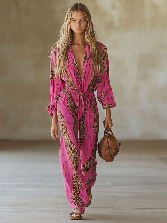 Rose Red Leopard Print Chiffon Jumpsuit - view 2