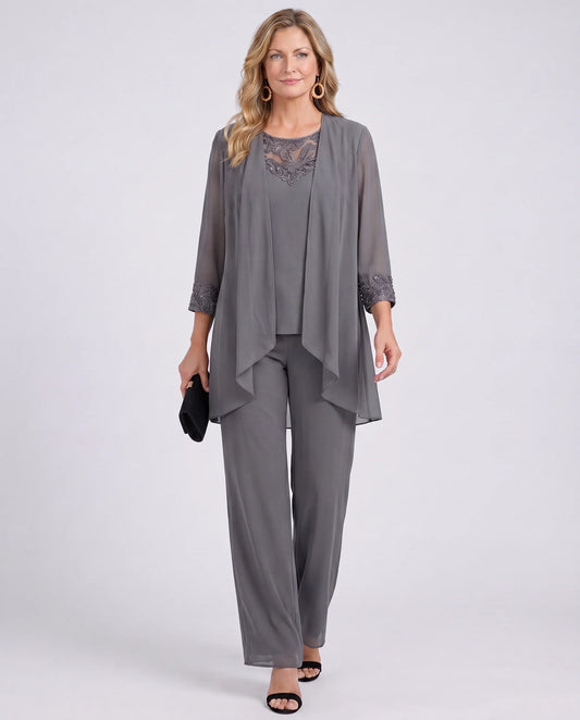 Lillie - Chiffon and Lace Three-Piece Pant Set