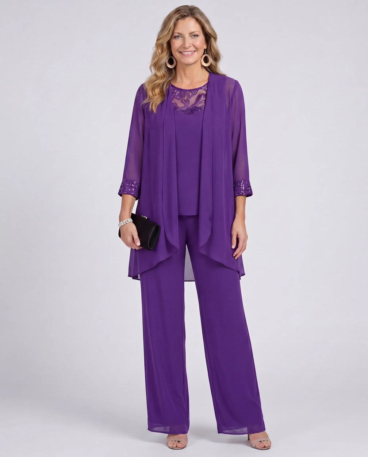 Lillie - Chiffon and Lace Three-Piece Pant Set