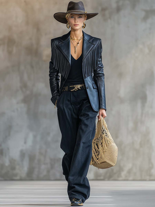 Black Leather Notch Lapel Tassel Blazer - view 2