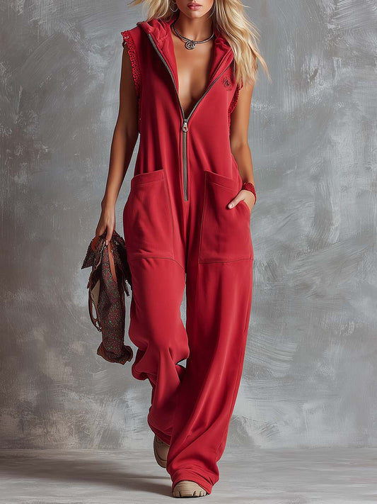 Raspberry Red Hooded Zip Cotton Jumpsuit