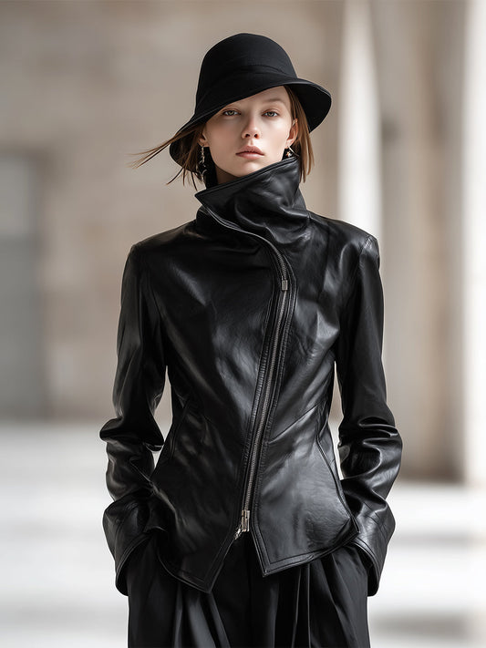 Black PU High Collar Zip Jacket - view 2