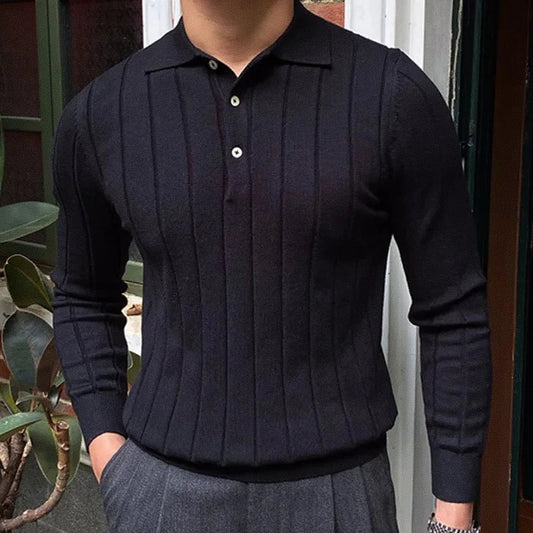 Emmett | Ribbed Long-Sleeve Knit Polo - view 2