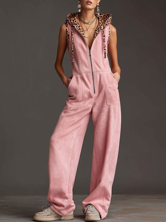 Pink Faux Suede Hooded Wide-Leg Jumpsuit