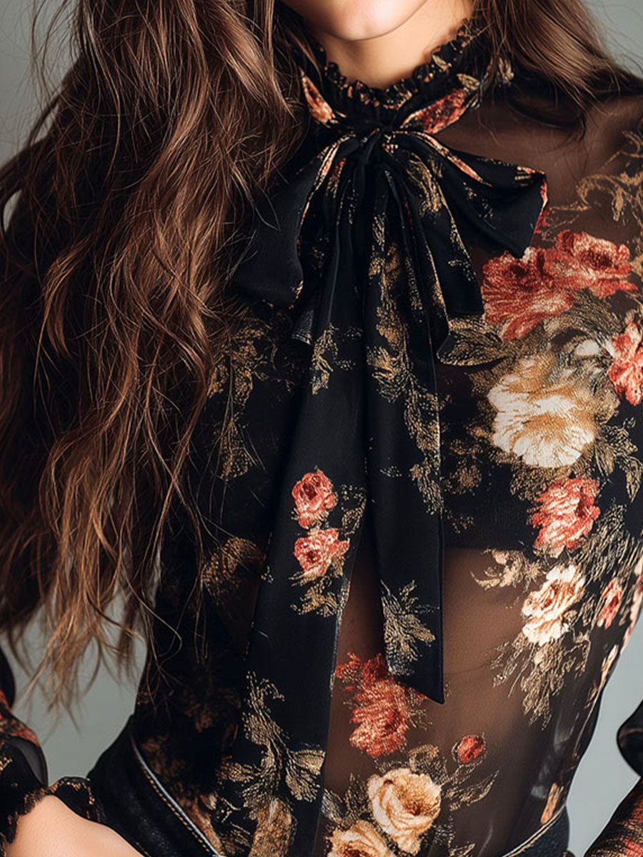 Vintage Black Sheer Chiffon Floral Tie Neck Blouse - view 6