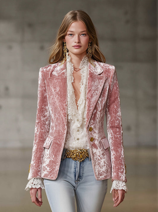 Fashion Retro Pink Velvet Gold Button Blazer - view 2