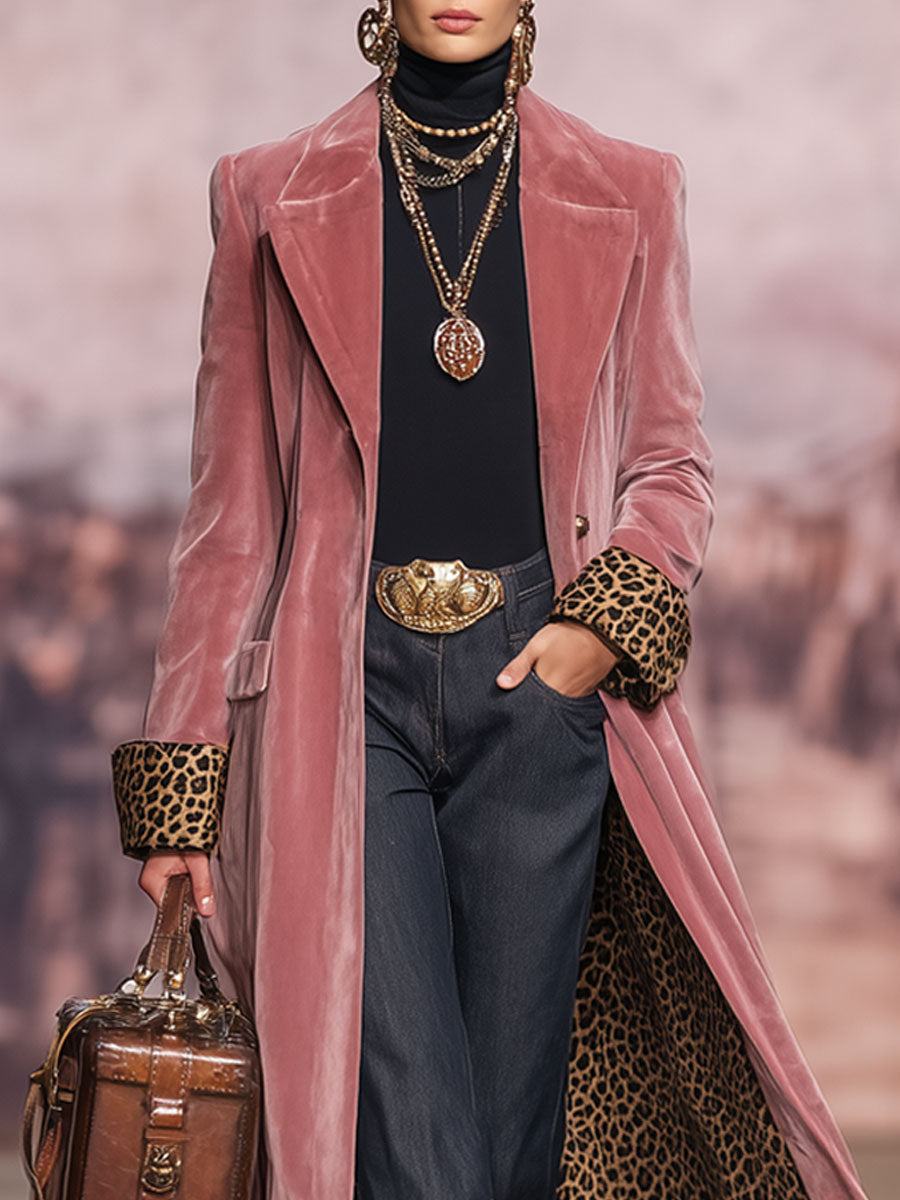 Lapel Single-breasted Velvet And Leopard Print Coat - view 5