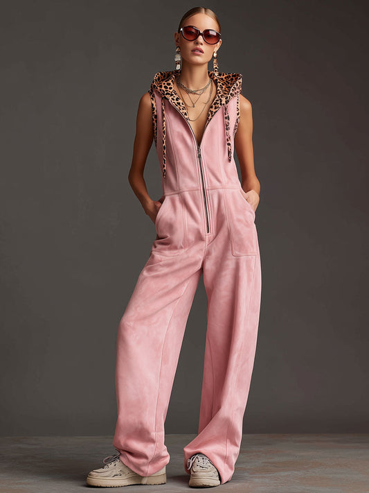 Pink Faux Suede Hooded Wide-Leg Jumpsuit - view 2