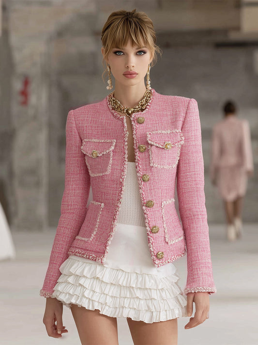 Designer Pink Tweed Patchwork White Trim Button Jacket - view 2