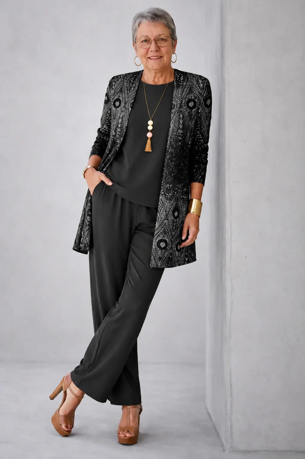 Ginette - Feather-Print Three-Piece Pant Set