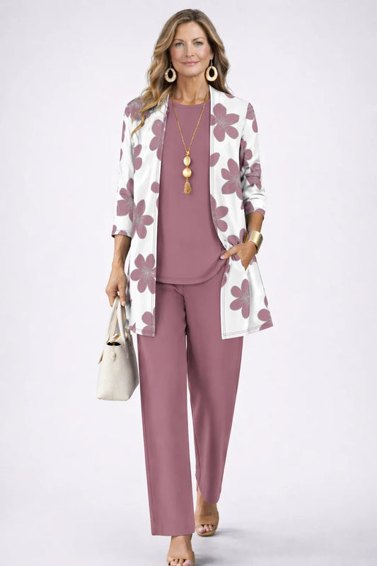 Vicky - Flower-Print Three-Piece Pant Set